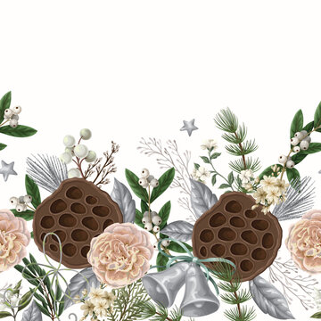 Christmas Boreder Botanical Pattern with Bells Flowers Berries Lotus Pods Elegant Holiday Print.