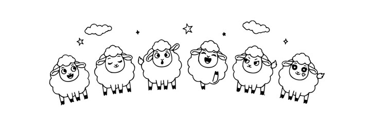 Obraz premium Sheep set with whimsical outlines featuring smiling, jumping, sleeping sheep with clouds and stars