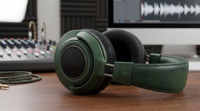 Green studio headphones on wood desk with audio mixer background.