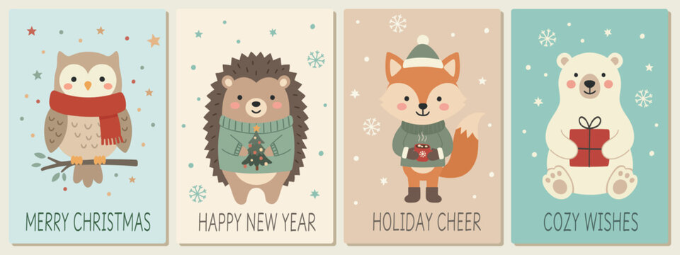 Christmas greeting card set with owl, hedgehog, fox, bear and festive slogans
