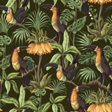 Jungle Toucans Seamless Pattern with Tropical Foliage Exotic Birds and Botanical Floral Elements