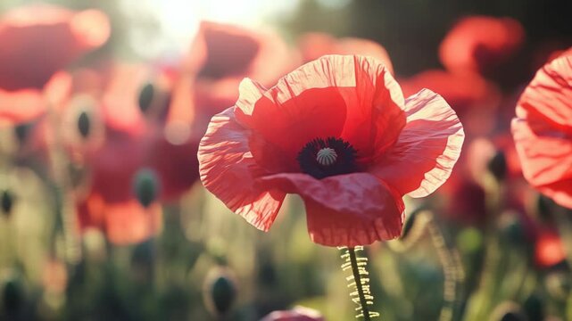 Close-up of a Vibrant Red Poppy Flower in a Blooming Field