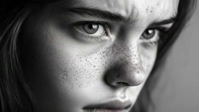 Close-up Portrait of a Young Woman with Freckles in Monochrome