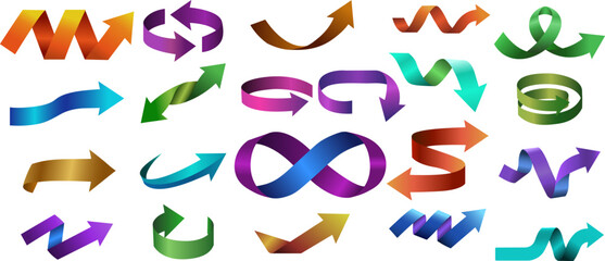 Fototapeta premium Colorful gradient ribbon arrows collection featuring twisted, folded, curved, looping and flowing 3D directional pointer designs