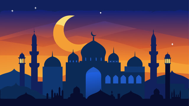 Illustration of a mosque at dusk with moon