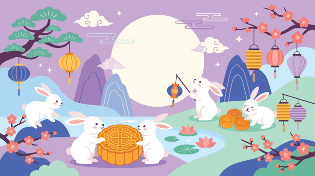 A beautiful illustration featuring cute rabbits celebrating the traditional mid autumn festival with mooncakes and colorful lanterns under moonlight