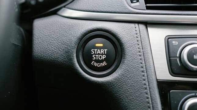 Modern Automotive Technology: Close-up of a Keyless Start Stop Engine Button in a Luxury Vehicle