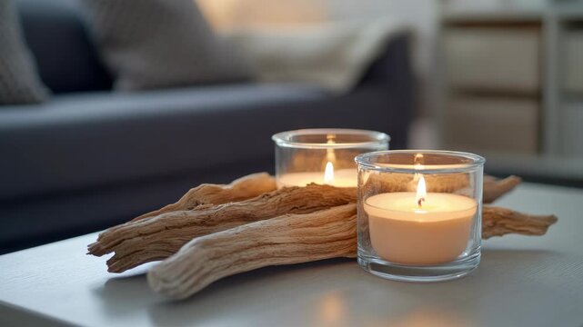 Two Lit Candles in Glass Jars on Rustic Driftwood in a Cozy Living Room
