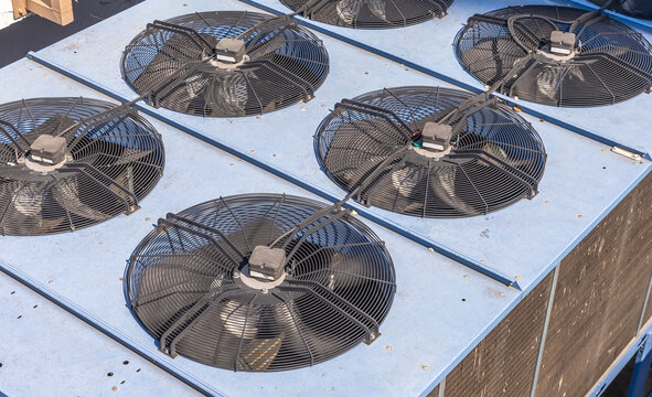 Aerial view of industrial HVAC cooling fans mounted on a rooftop in Skopje, Greater Skopje, North Macedonia.