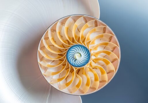 Macro view of a nautilus shell showcasing a mathematically perfect golden spiral with luminous pearlescent layers and elegant curves, detail, organic, natural