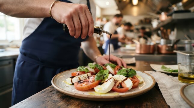 Chef preparing a fresh salad with vibrant ingredients in a professional kitchen setting for a restaurant