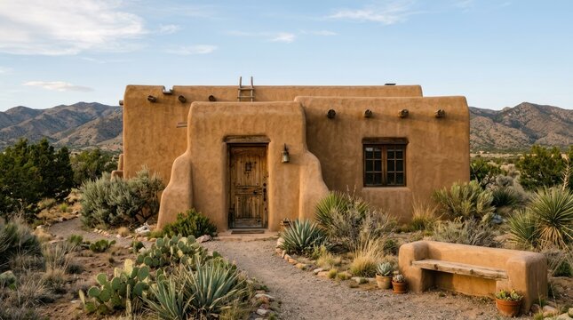 A rustic, adobe-style house with a wooden door and windows, surrounded by desert landscape with cacti and shrubs.