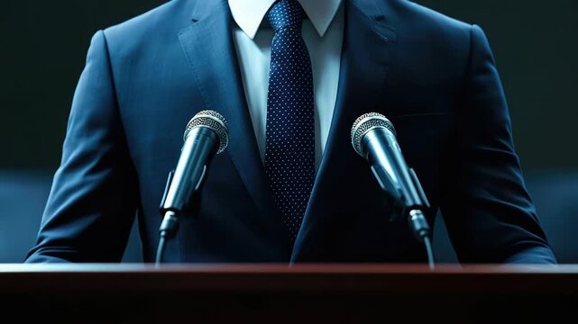 Man in Suit and Tie Speaking at Podium with Microphones