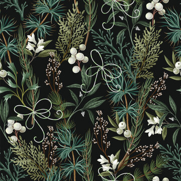 Christmas Seamless Botanical Pattern with Winter Greenery Berries Branches Ribbons and Holiday Foliage