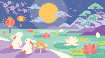 Obraz premium A beautiful illustration featuring two cute rabbits enjoying the full moon during the traditional chinese mid autumn festival celebration night