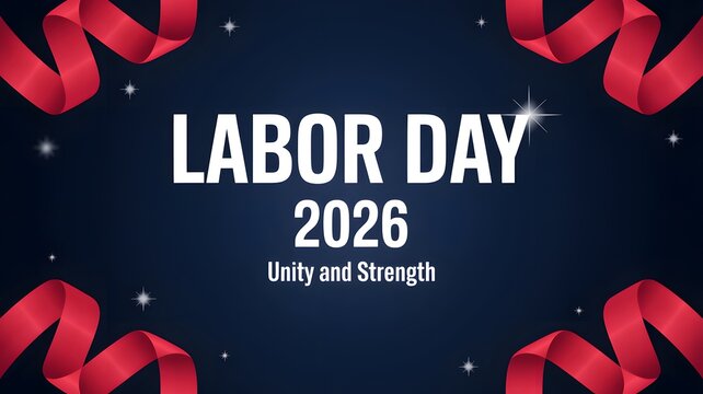 Labor day 2026 banner with red ribbons and sparkles on a dark blue background for holiday celebration