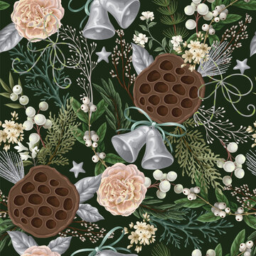 Christmas Seamless Botanical Pattern with Bells Flowers Berries Lotus Pods Elegant Holiday Print