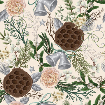 Christmas Seamless Botanical Pattern with Bells Flowers Berries Lotus Pods Elegant Holiday Print