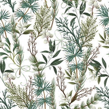 Christmas Seamless Botanical Pattern with Winter Greenery Berries Branches Ribbons and Holiday Foliage