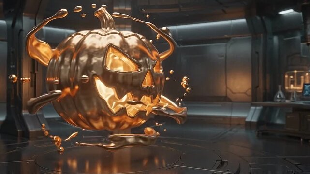 Liquid gold jack-o-lantern forming in a futuristic Sci-Fi laboratory