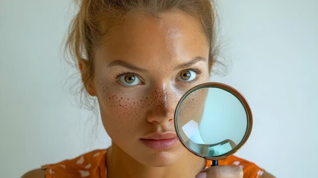 Portrait of a Young Woman with Freckles Looking Through a Magnifying Glass