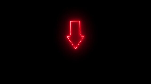 rad neon glowing arrow animation pointing down on black background, download and direction concept