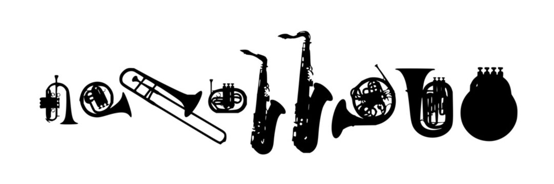 Brass instrument set with French horn, trombone, saxophone featuring tuba, euphonium, and clarinet with trumpet, cornet, and bassoon