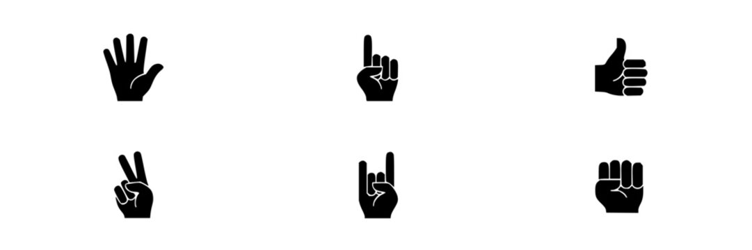 Hand gestures set with black silhouettes featuring peace sign, pointing finger, thumbs up, rock on and fist bump with minimalist design and hand icons