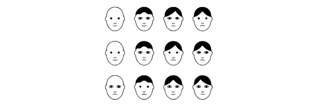 Head shapes set with diverse facial outlines featuring round, oval, square, and triangular with short hair and blank expressions