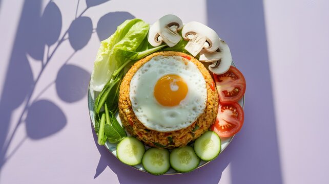 A top down view of a delicious fried rice meal served with a fried egg and vegetables