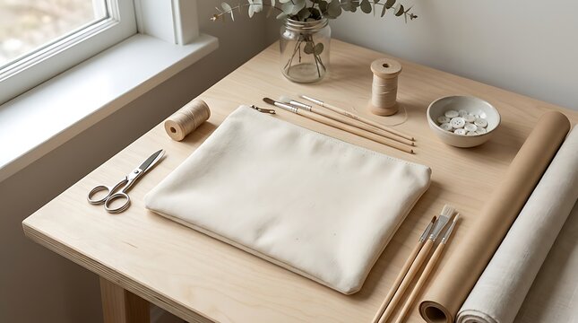 Blank white canvas with art supplies and sewing tools on a green table by a bright sunny window. customizable canvas pouch