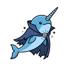 Fototapeta premium Cute blue narwhal wearing a wizard cape illustration