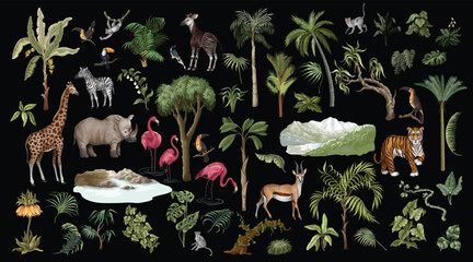 Naklejka premium Jungle Tropical Animals Isolated Collection with Safari Wildlife Botanical Elements for Mural Design