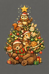 Naklejka premium Adorable animals decorating a festive Christmas tree.