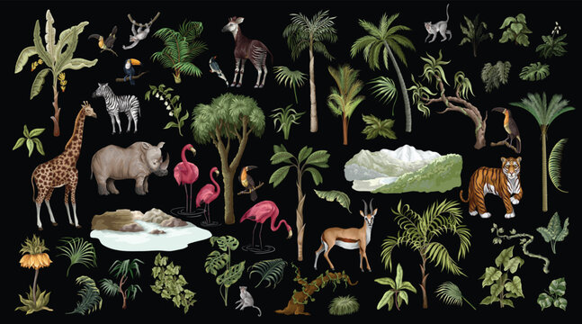 Jungle Tropical Animals Isolated Collection with Safari Wildlife Botanical Elements for Mural Design