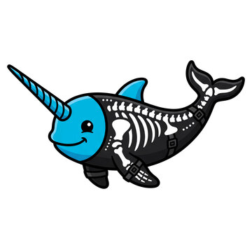 Cute cartoon narwhal wearing a skeleton costume for halloween