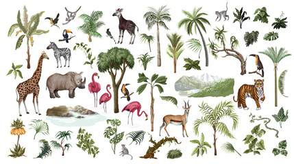 Naklejka premium Jungle Tropical Animals Isolated Collection with Safari Wildlife Botanical Elements for Mural Design
