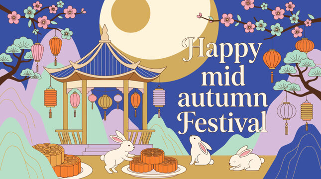 A beautiful illustration featuring a traditional pavilion and bright full moon celebrating the joyful chinese mid autumn festival holiday event