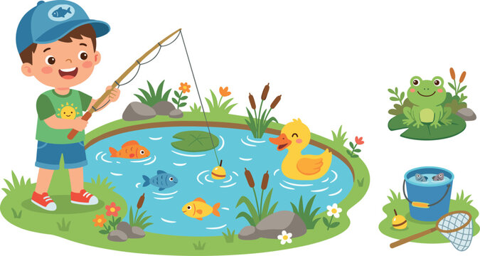 Cute Cartoon Boy Fishing at Pond Vector Illustration Set with Happy Duck Frog Fish Basket and Net Characters for Kids Education
