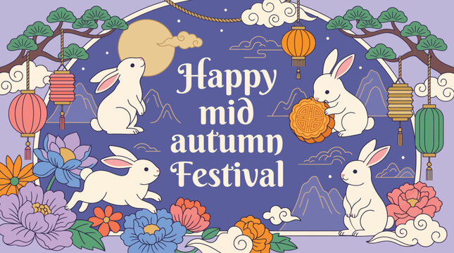 A festive illustration featuring cute rabbits and glowing lanterns celebrating the traditional cultural event known as the mid autumn festival