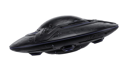 Futuristic ufo spacecraft with dark metallic hull and glowing lights for science fiction space themes. © Isolated_png