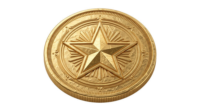 Golden coin with embossed star pattern featuring metallic texture for wealth gaming or financial concepts.