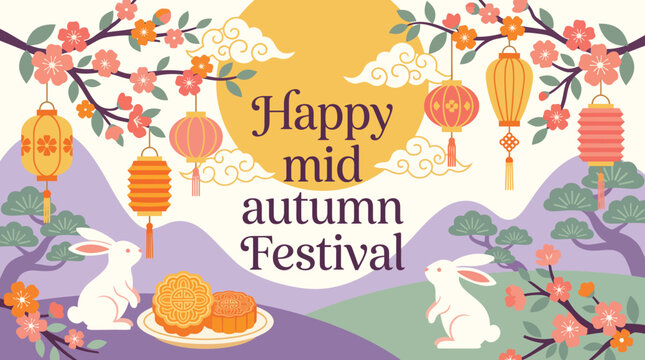 A beautiful illustration featuring traditional elements like rabbits mooncakes and lanterns celebrating the joyful chinese mid autumn festival holiday season
