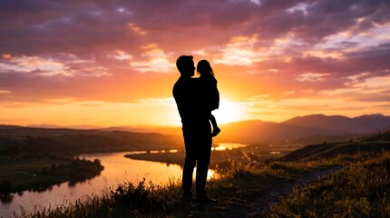 Fototapeta premium Loving father holding his little daughter in a heartwarming silhouette against a vibrant golden hour sunset with soft dramatic lighting