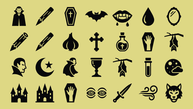 Vampire and gothic halloween elements set featuring bats coffins castles fangs garlic and dark ritual tools on yellow background.