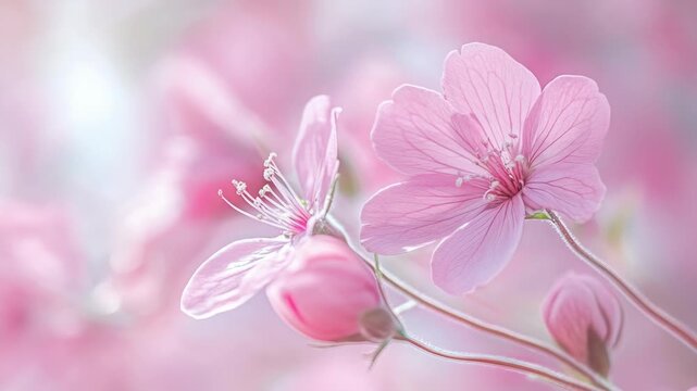Macro of Delicate Pink Cherry Blossoms in Spring Bloom