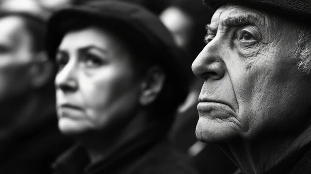 Close-up portrait of an elderly man with a weathered face in a crowd