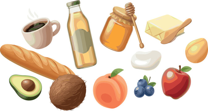 Healthy Breakfast Food and Fresh Fruits Vector Illustration Set with Bread Baguette Coffee Honey Butter Egg Avocado Coconut Peach Blueberry and Apple