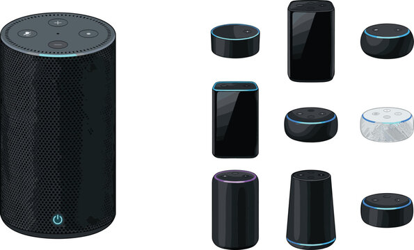 Smart Speaker Vector Mockup Collection Featuring Intelligent Voice Assistants Wireless Bluetooth Speakers and Home Automation Sound Devices Isolated on White Background
