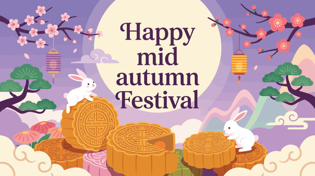 A beautiful illustration featuring traditional mooncakes and cute rabbits celebrating the annual cultural event known as the mid autumn festival